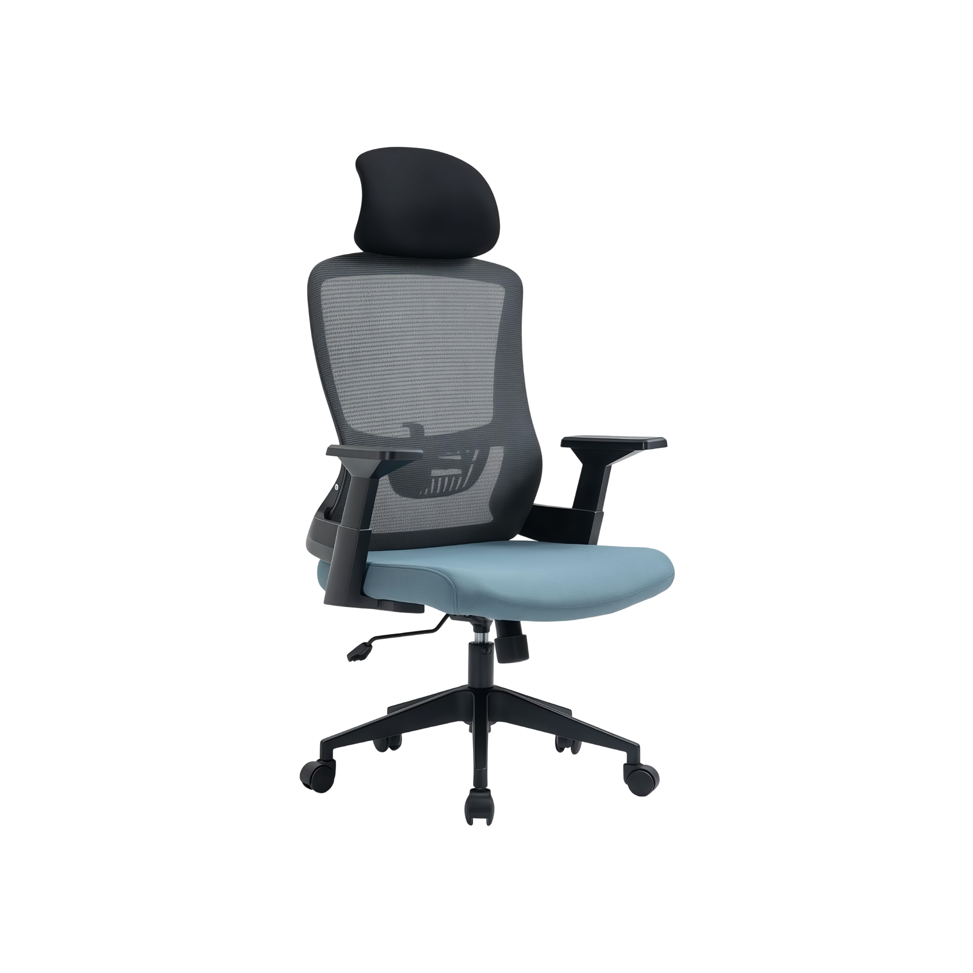 Mesh-back office chair with headrest, armrests, blue-grey seat and five-point castor base on a white background
