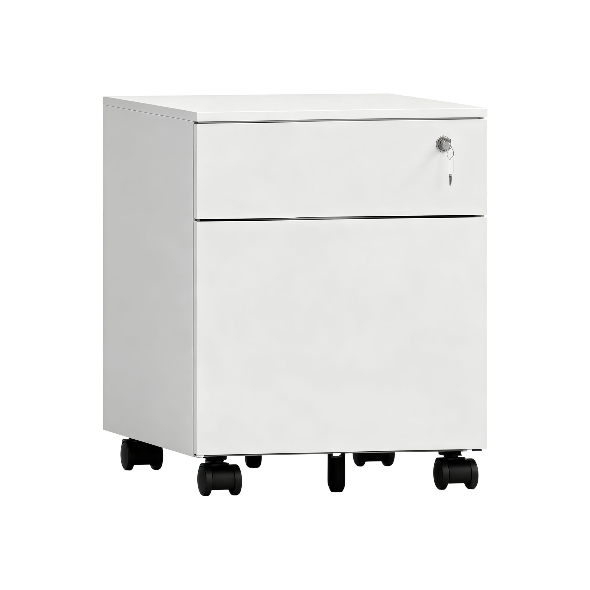 White two-drawer mobile cabinet with a key lock on the top drawer and black castors